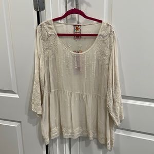 Johnny Was Classic, Vintage Ivory Embroidered Sheer Top, NWT